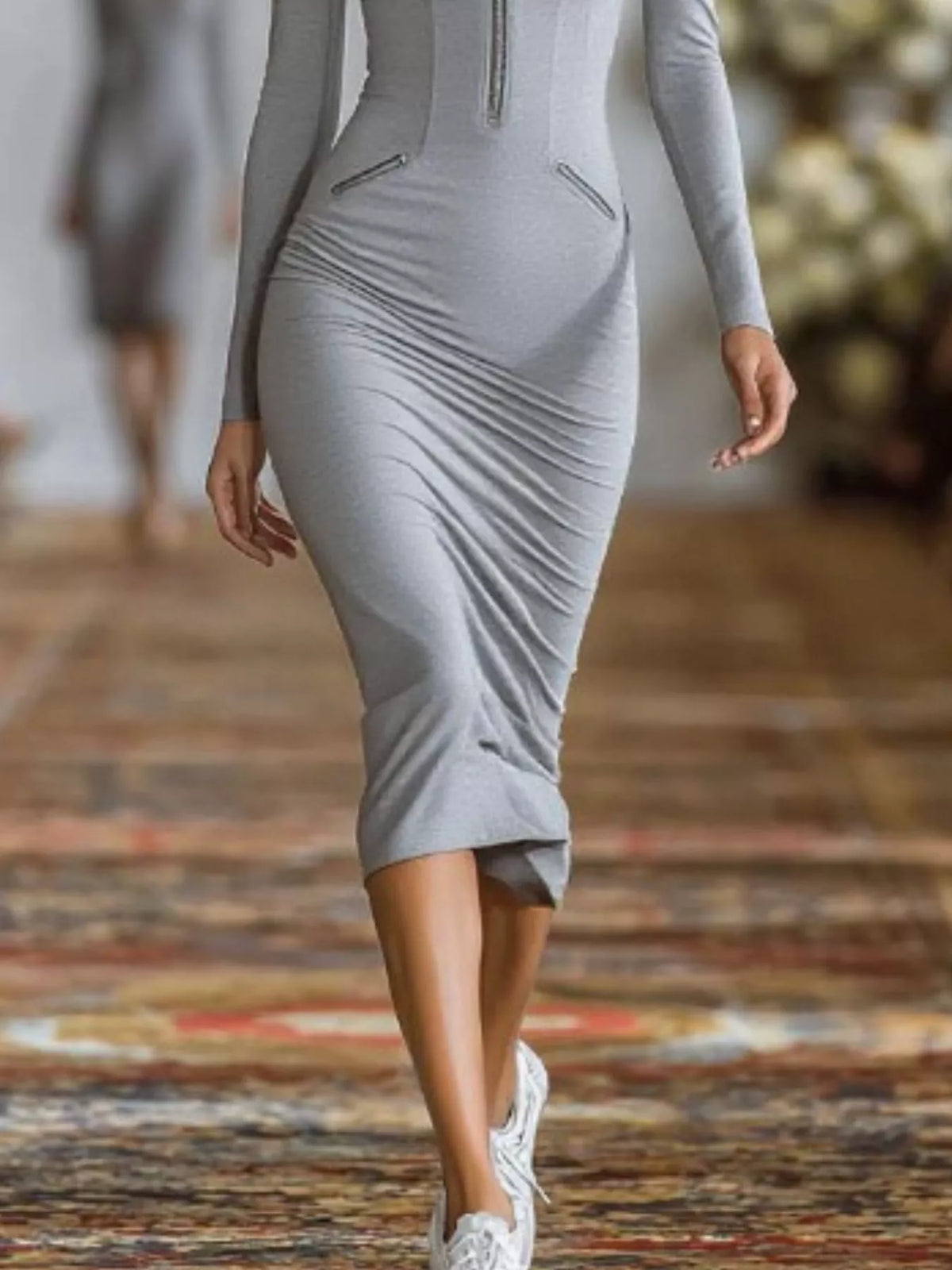 Full Size Zip-Front Bodycon Midi Dress Plus Size - Gray - View 3