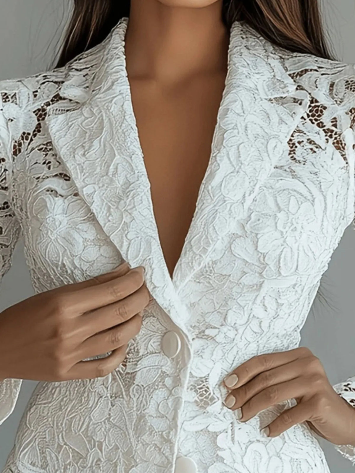 Floral Pattern Lace Single-Breasted Blazer - White - View 2