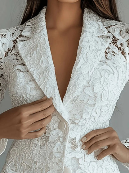 Floral Pattern Lace Single-Breasted Blazer - White - View 2