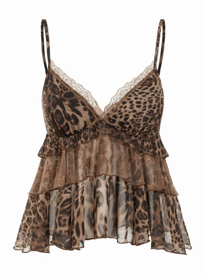 Ruffled Lace Trim Cami - Leopard Print - View 2