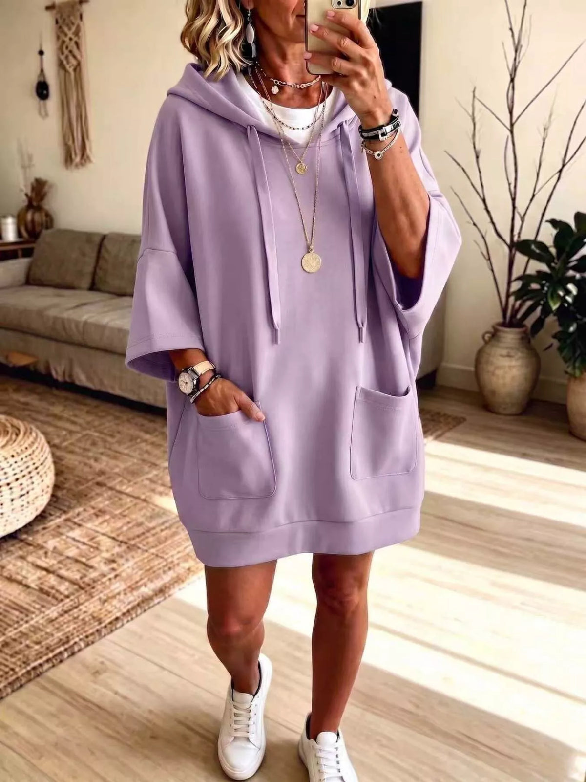 Full Size Drawstring Oversized Front Pockets Oversized Hoodie Plus Size - Lavender - View 1