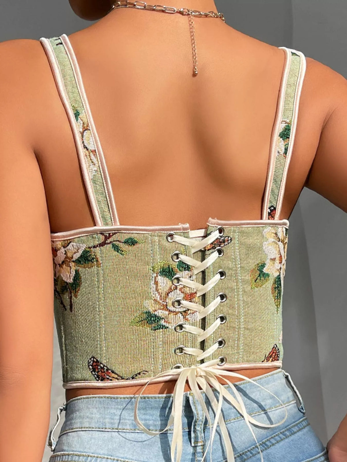 Floral Lace Up Back Tank - Dark Green - View 3