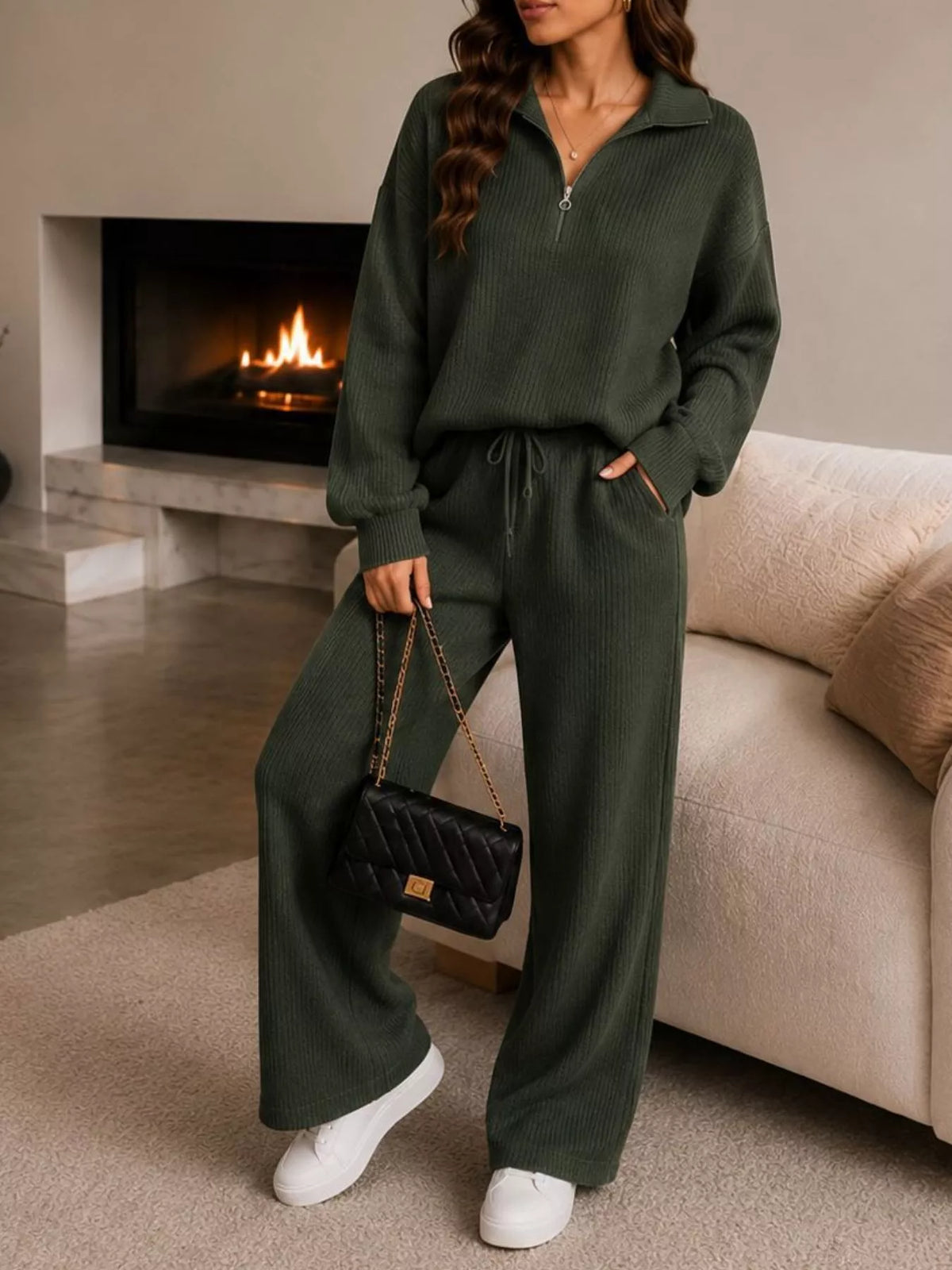 Ribbed Knit Quarter-Zip Top and Wide-Leg Pants Set - Army Green - View 1