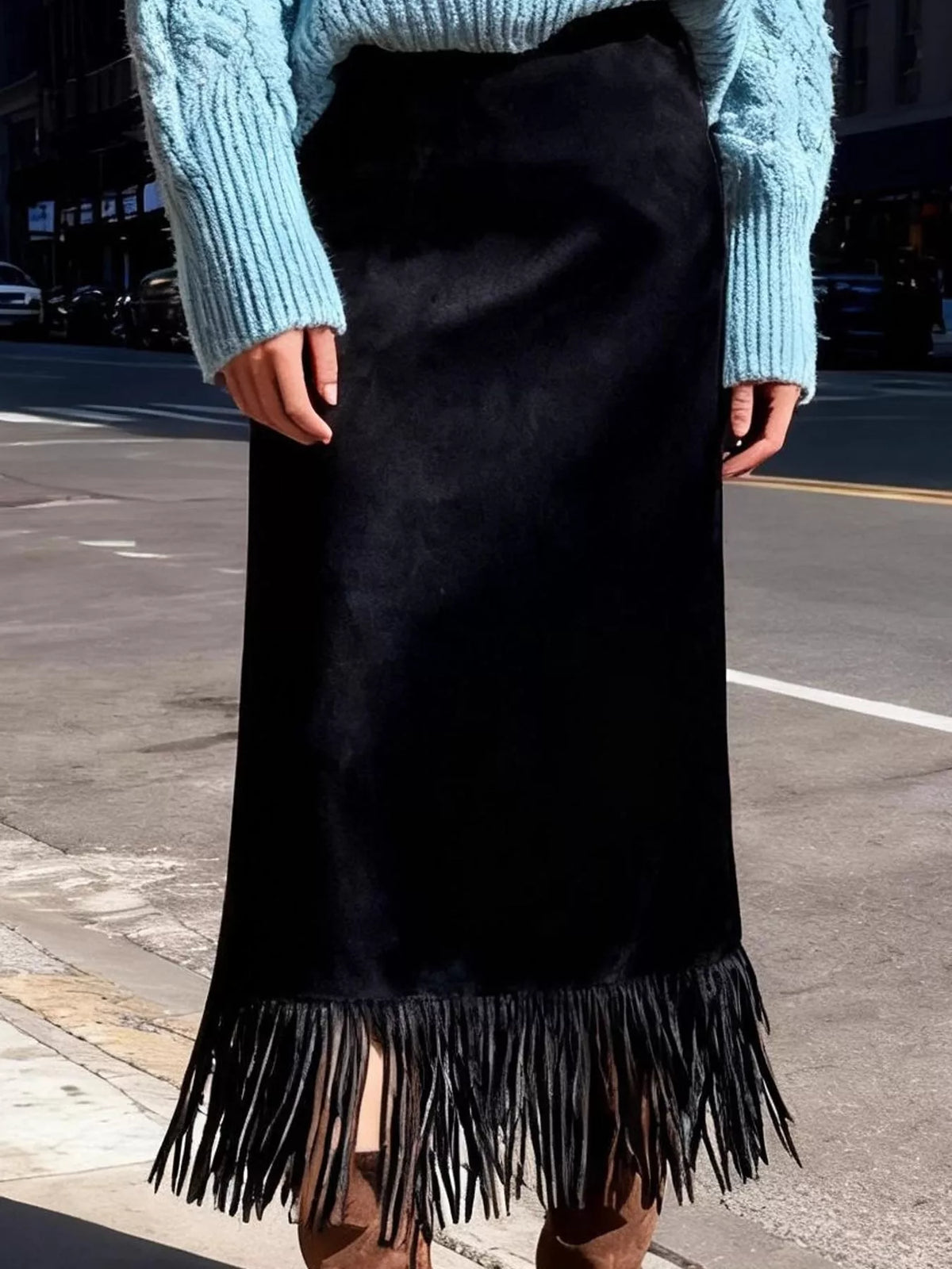 High-Waisted Fringe Midi Skirt - Black - View 5