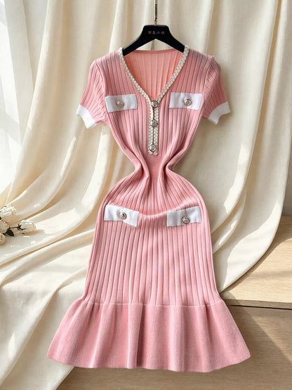 Ruffled Hem V-Neck Ribbed Knit Dress - Pink - View 1