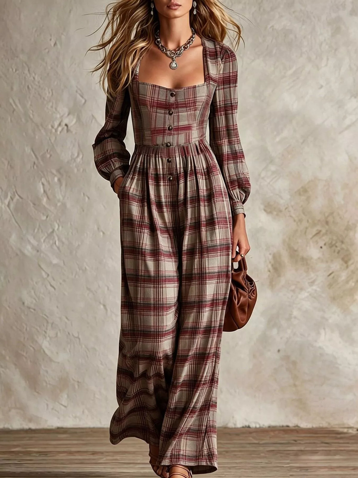 Plaid Square Neck Long Sleeve Wide Leg Jumpsuit - Burgundy - View 1