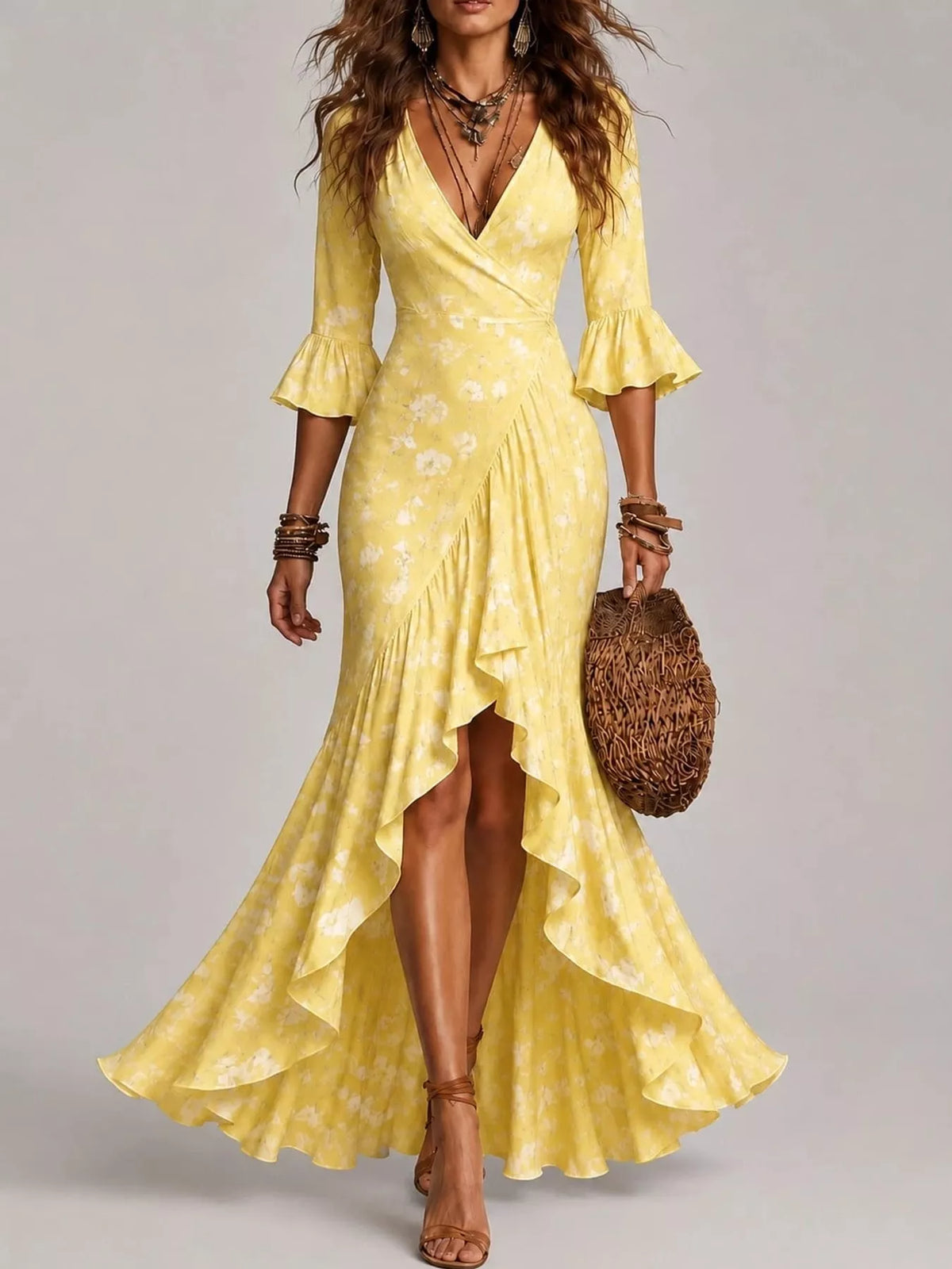 High-Low Ruffled Maxi Dress - Yellow - View 6