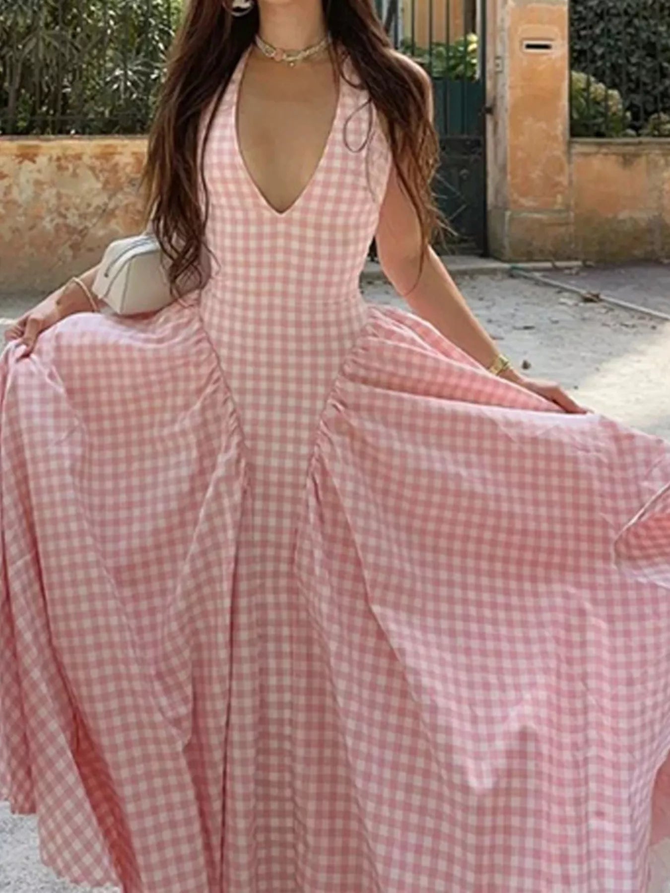 Full Size Gingham Halter Neck Maxi Dress Plus Size - Blush Pink - Styled Skirt Display View