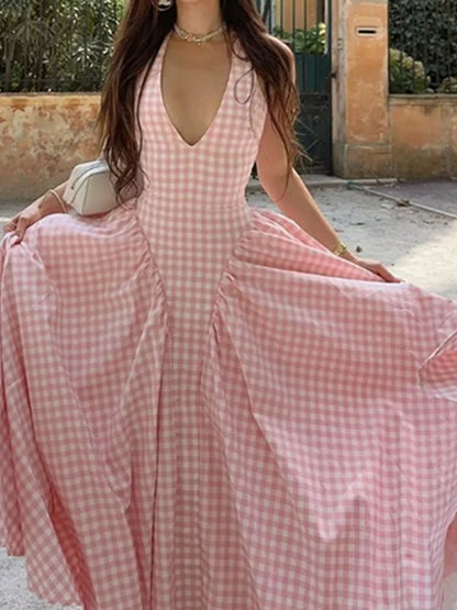 Full Size Gingham Halter Neck Maxi Dress Plus Size - Blush Pink - Styled Skirt Display View