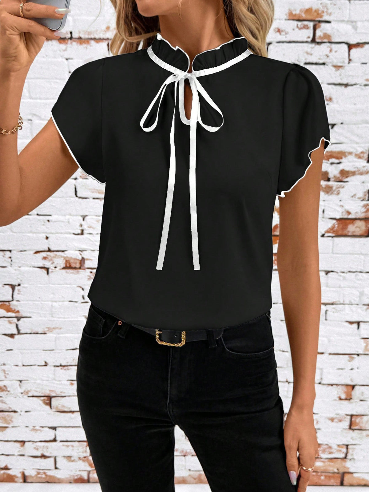 Tie Neck Short Sleeve Blouse - Black - View 15
