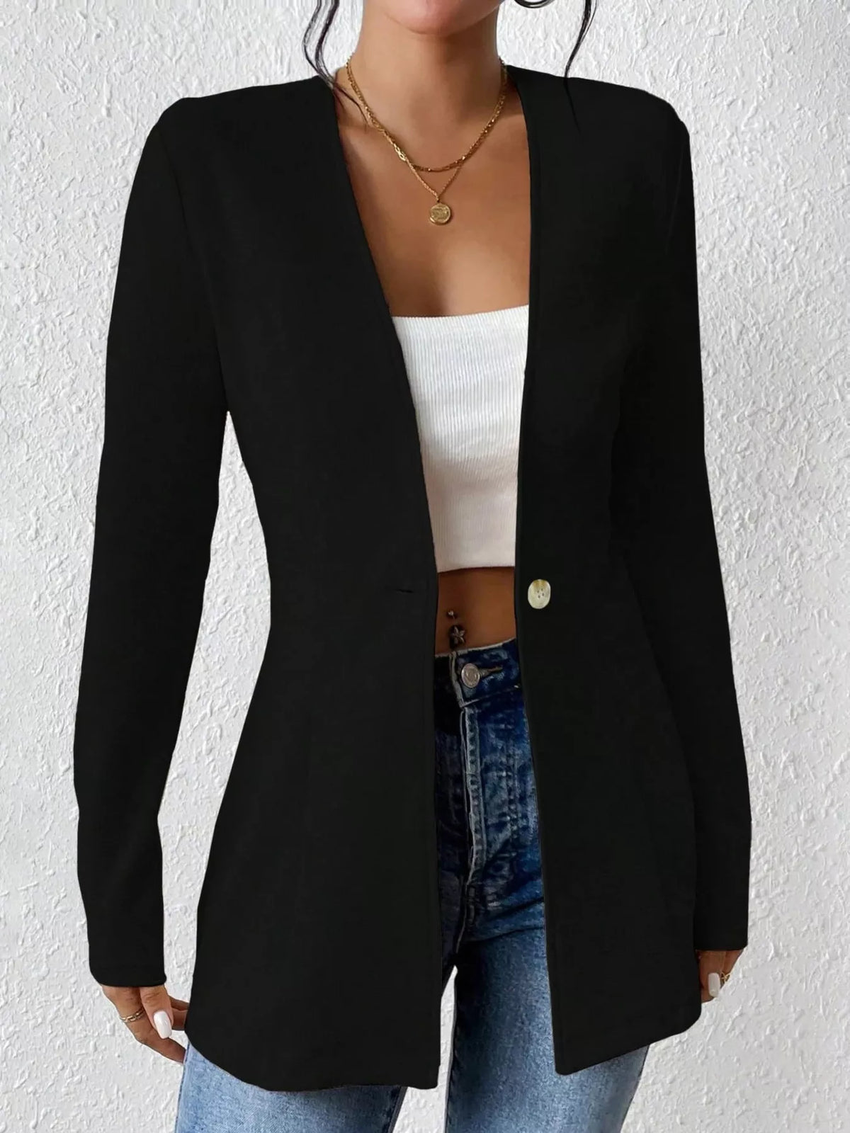 One Button Long Sleeve Blazer - Black - View 5