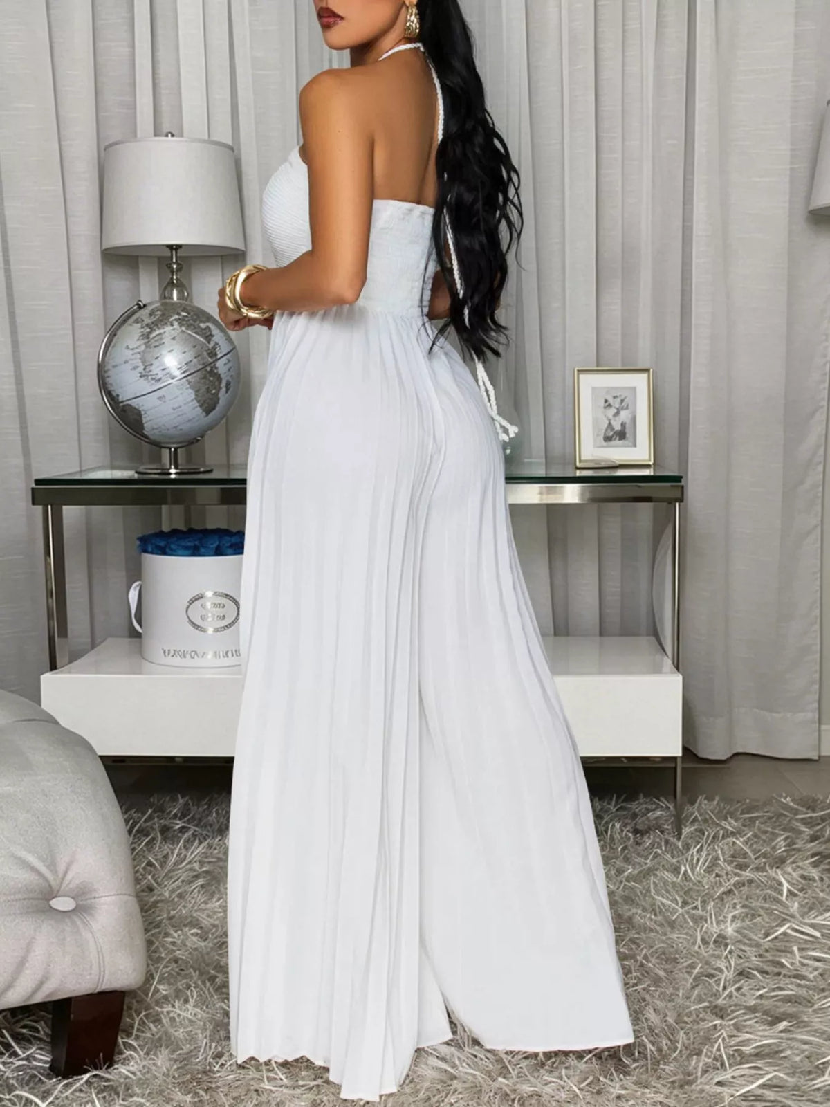 Pleated Halter Neck Wide Leg Jumpsuit - White - View 11