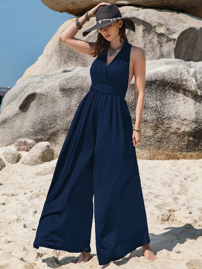 Surplice Wide Leg Jumpsuit with Free Tie - Dark Blue - View 1