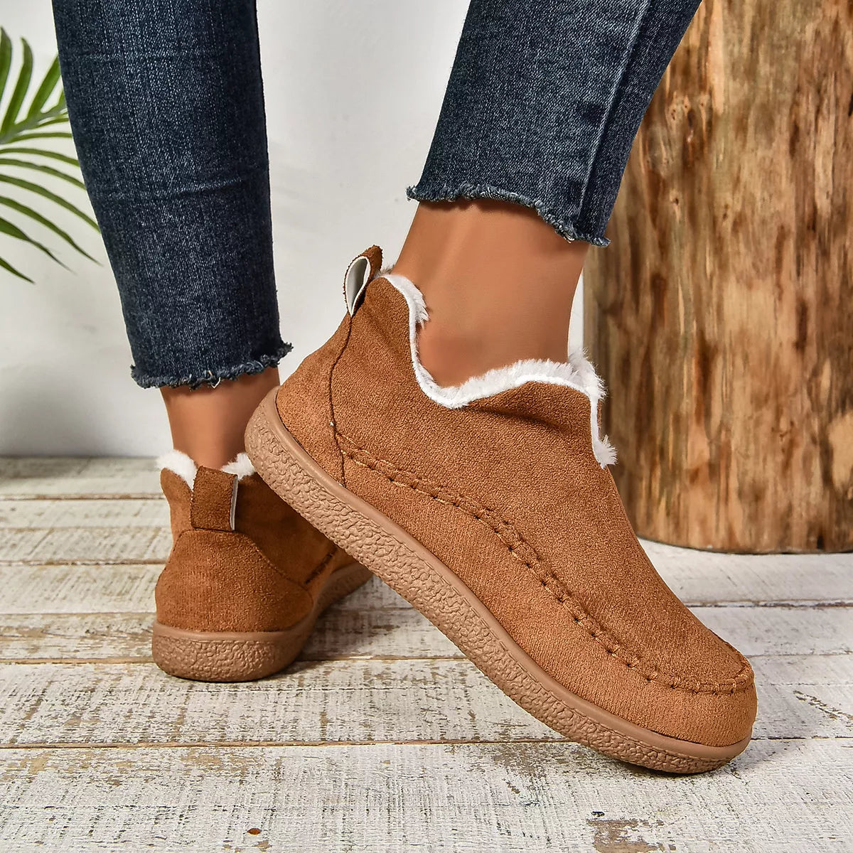 Round Toe Plush Lined Shoes - Tan - View 2