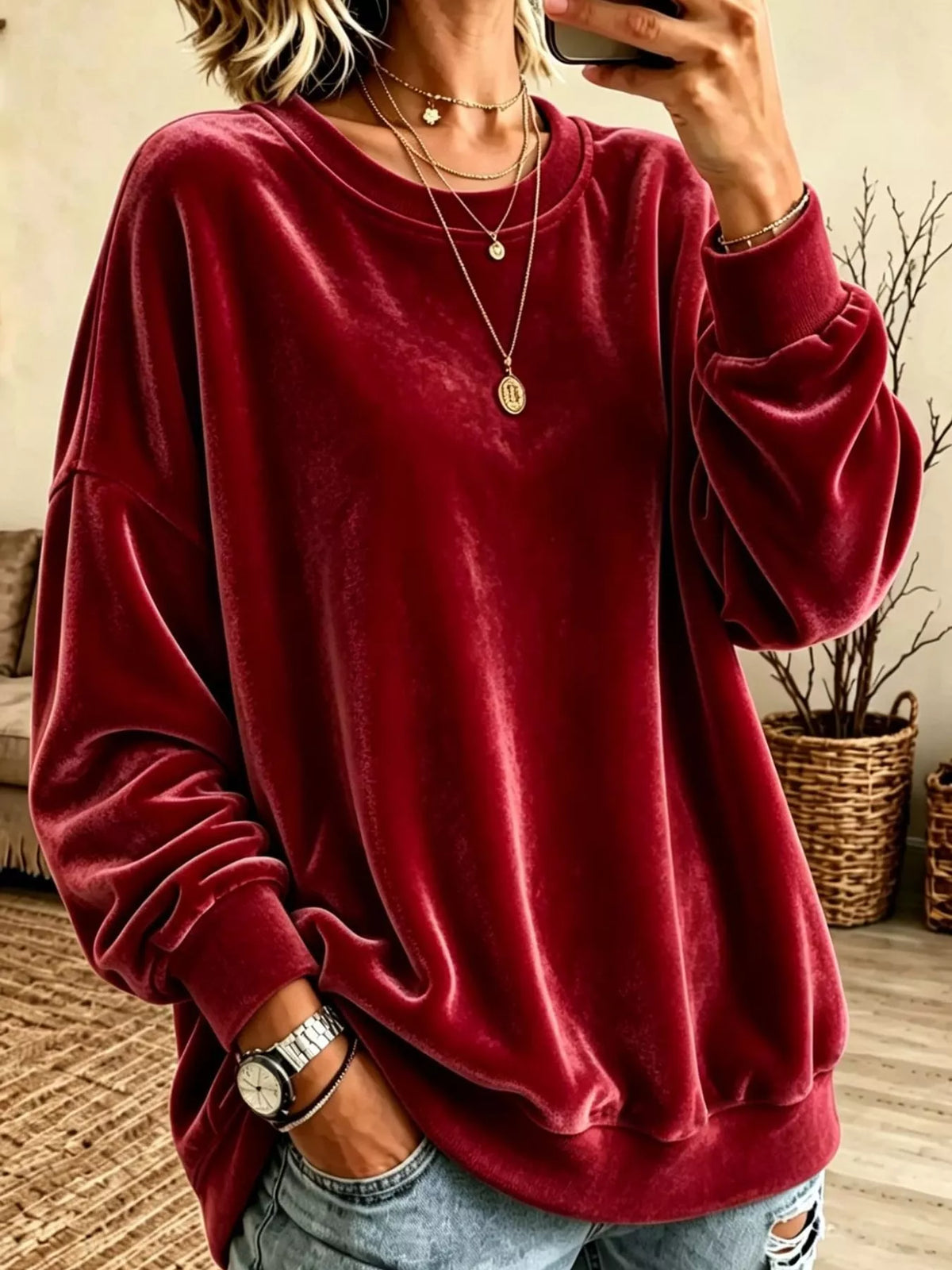 Full Size Crew Neck Drop Shoulder Sweatshirt Plus Size - Red - View 12