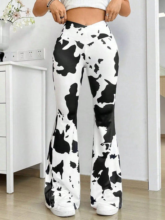 Cow Print Flared Pants - Black - View 2
