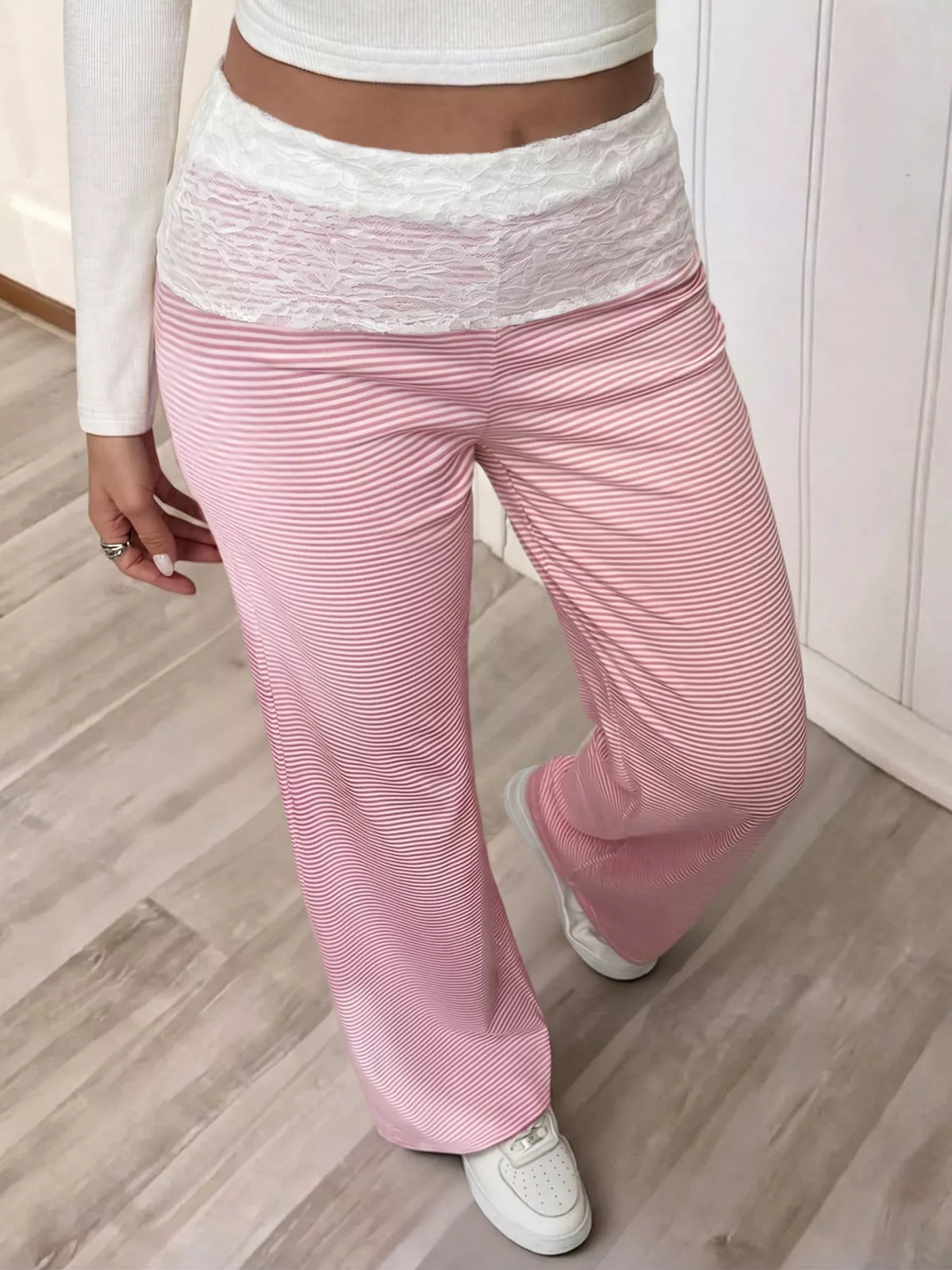 Lace Detail Striped Pants - Pink - View 3