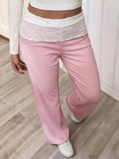 Lace Detail Striped Pants - Pink - View 3