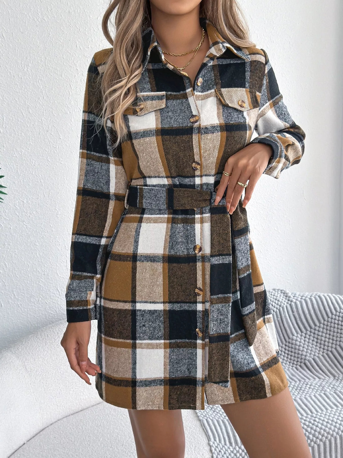 Plaid Button Front Tie Waist Shirt Dress - Khaki - View 11