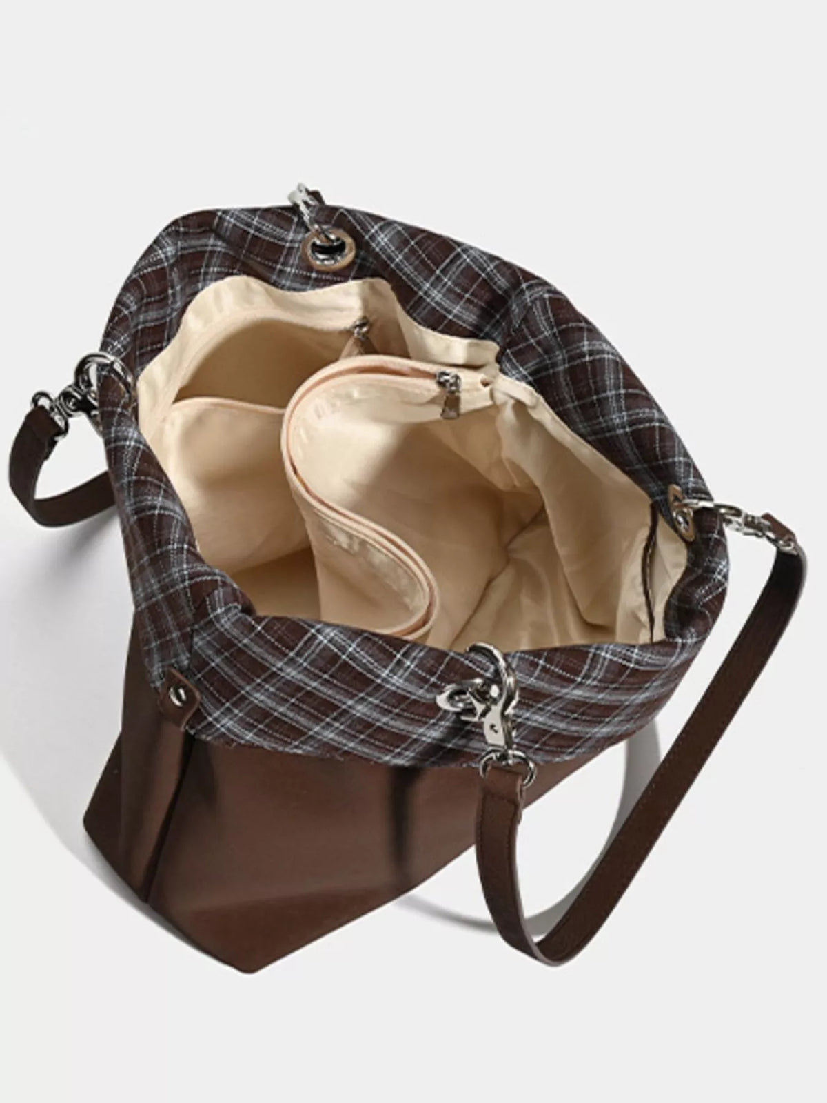 Plaid Trim Shoulder Bag - Coffee - View 5