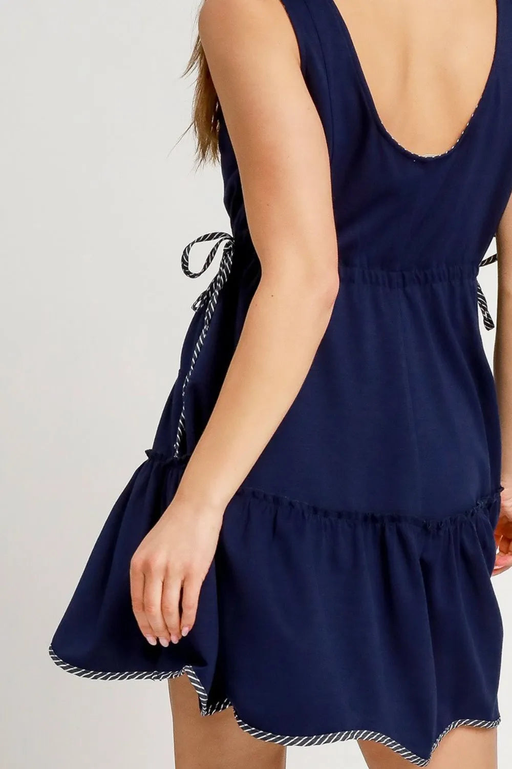 Umgee Frill Drawstring Waist Round Neck Mini Tank Dress - Dark Navy - View 4