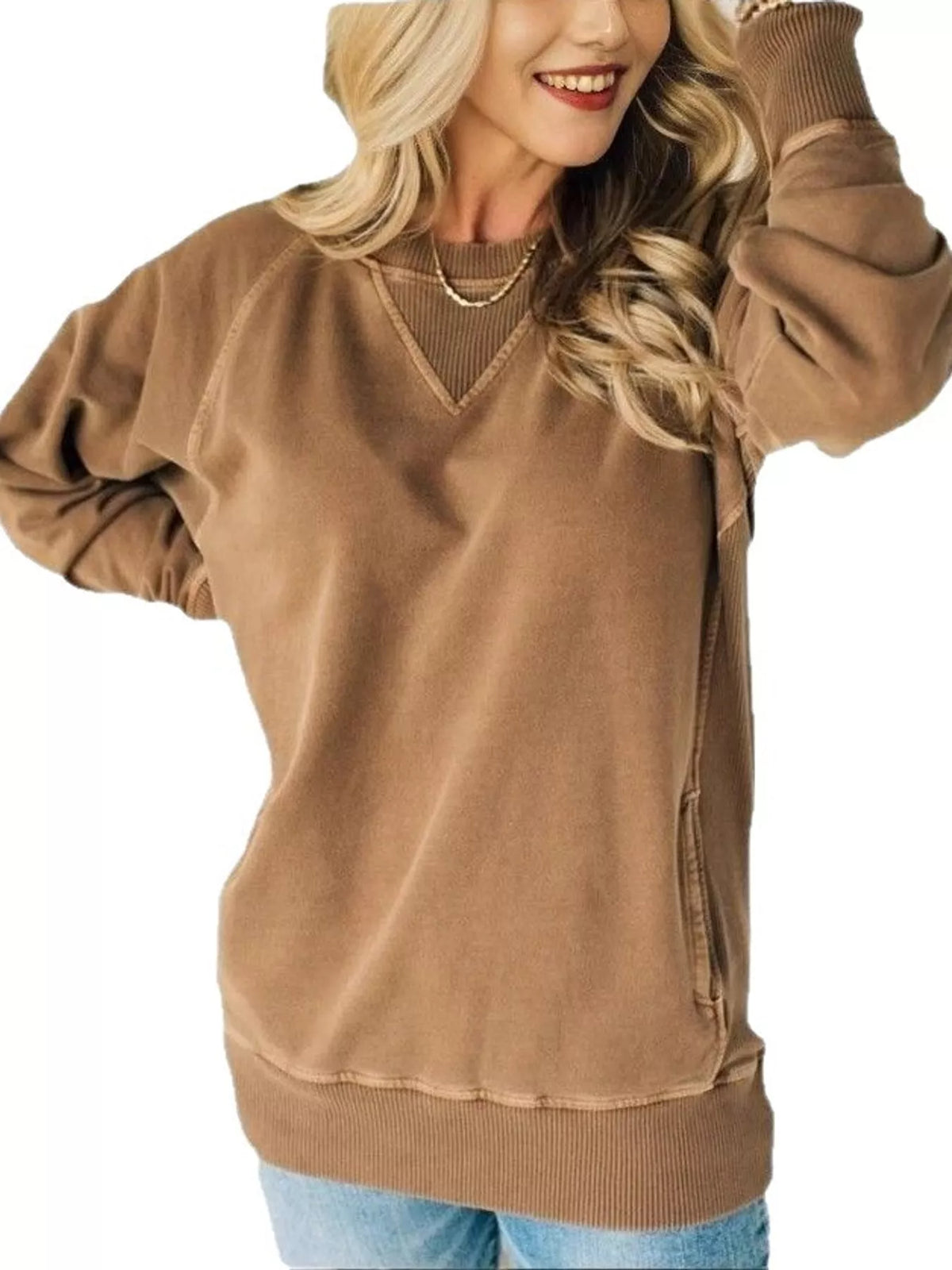 Crew Neck Raglan Sleeve Sweatshirt - Brown - View 24