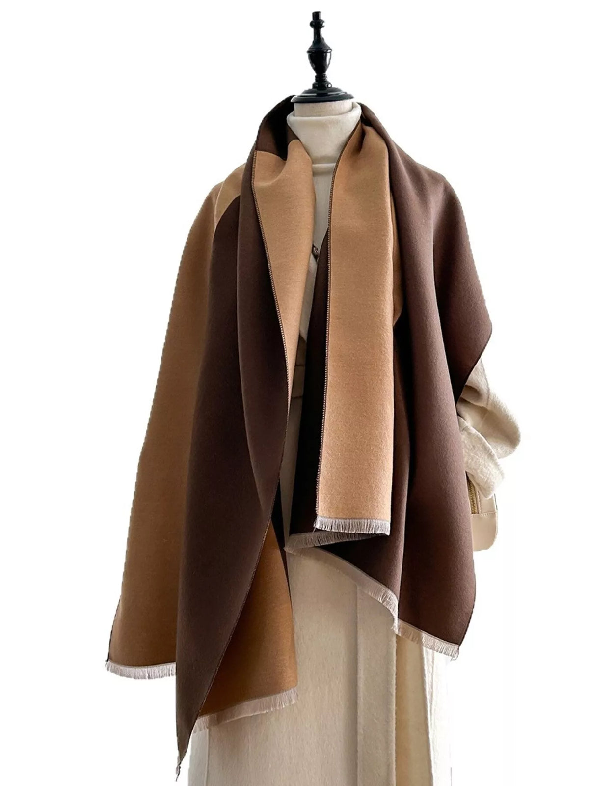 Two-Tone Raw Hem Scarf - Brown - View 8