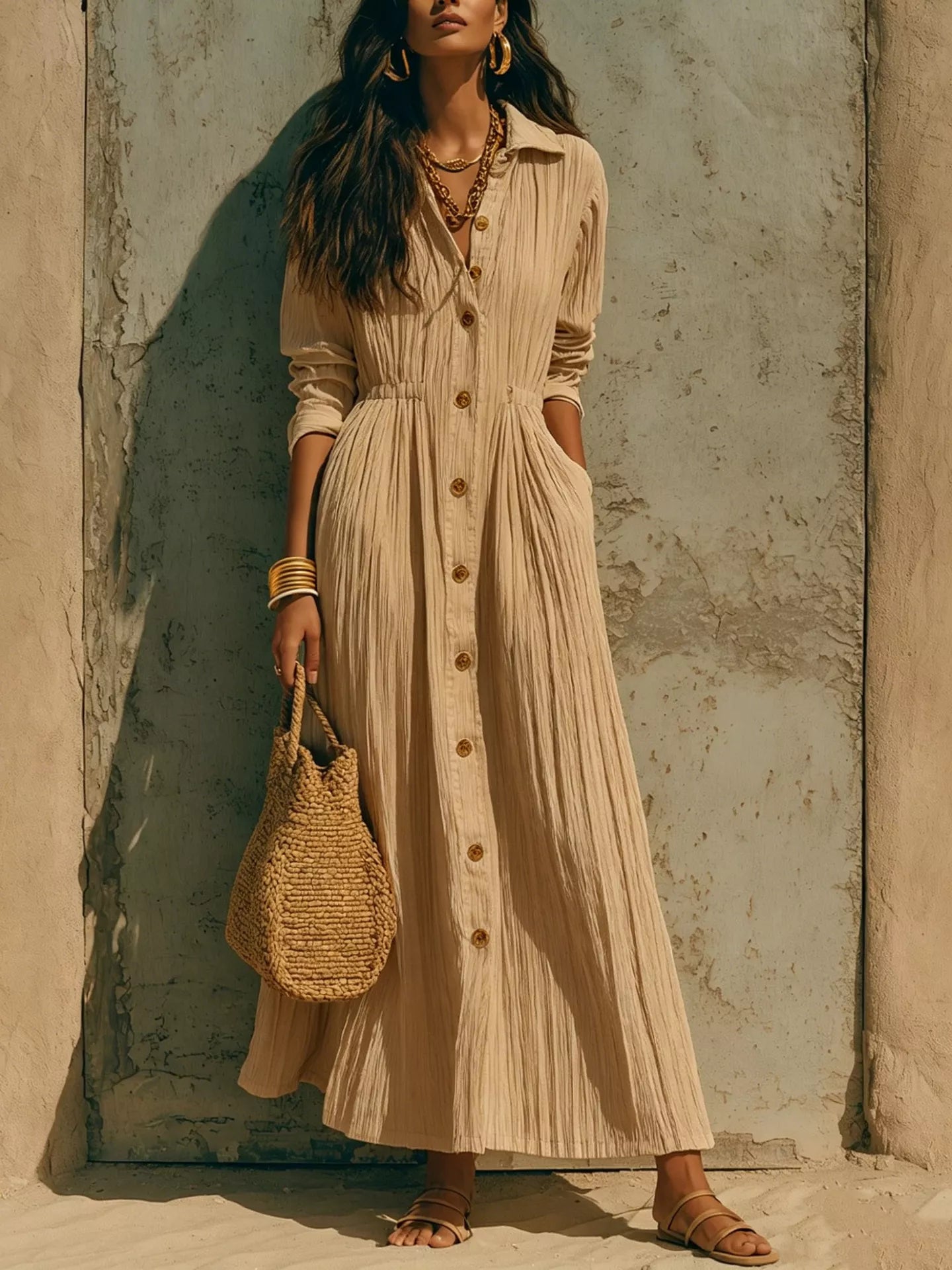 Full Size Textured Button Down Long Sleeve Maxi Dress Plus Size - Khaki - Styled Front View