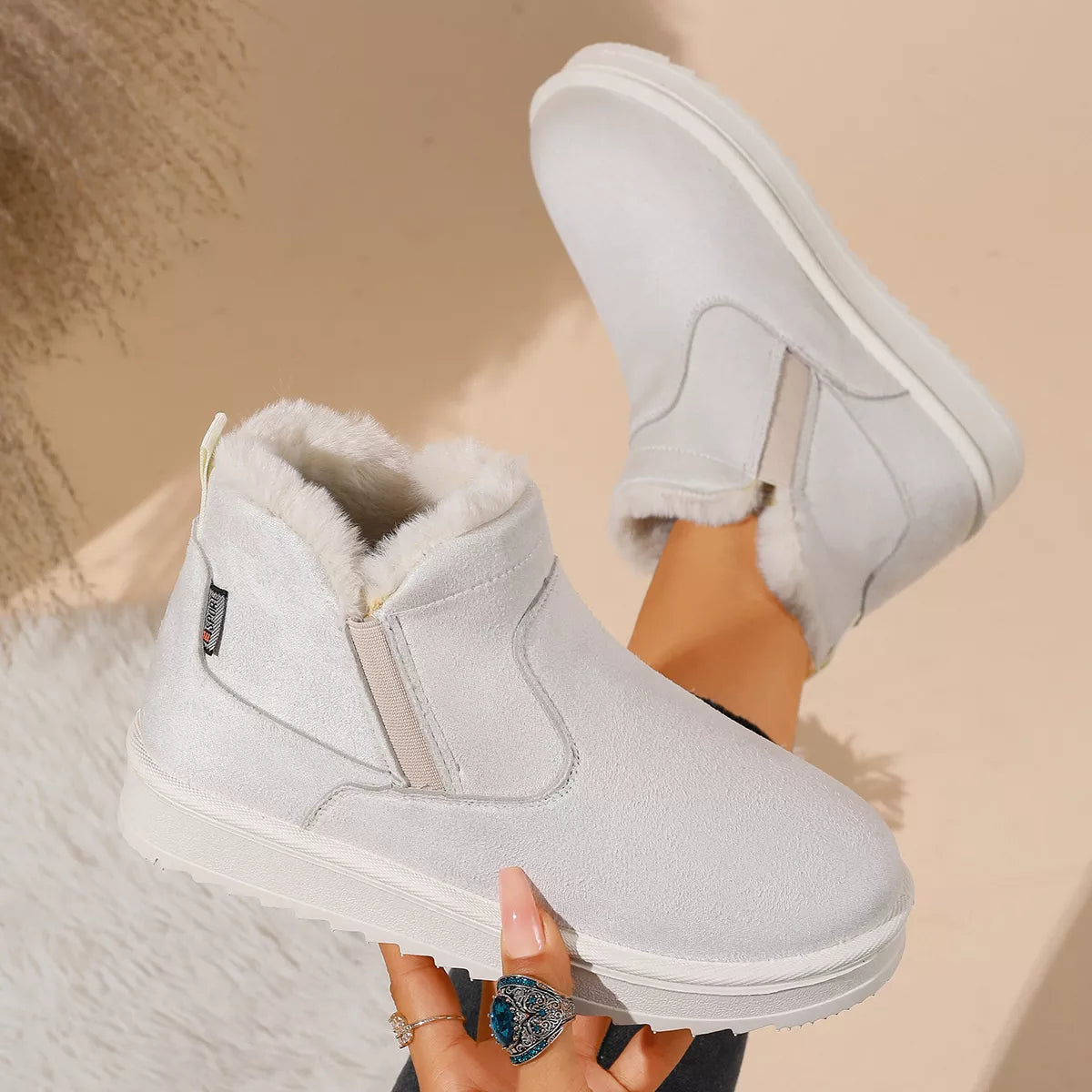 Plush Lined Winter Ankle Boots - White - View 4