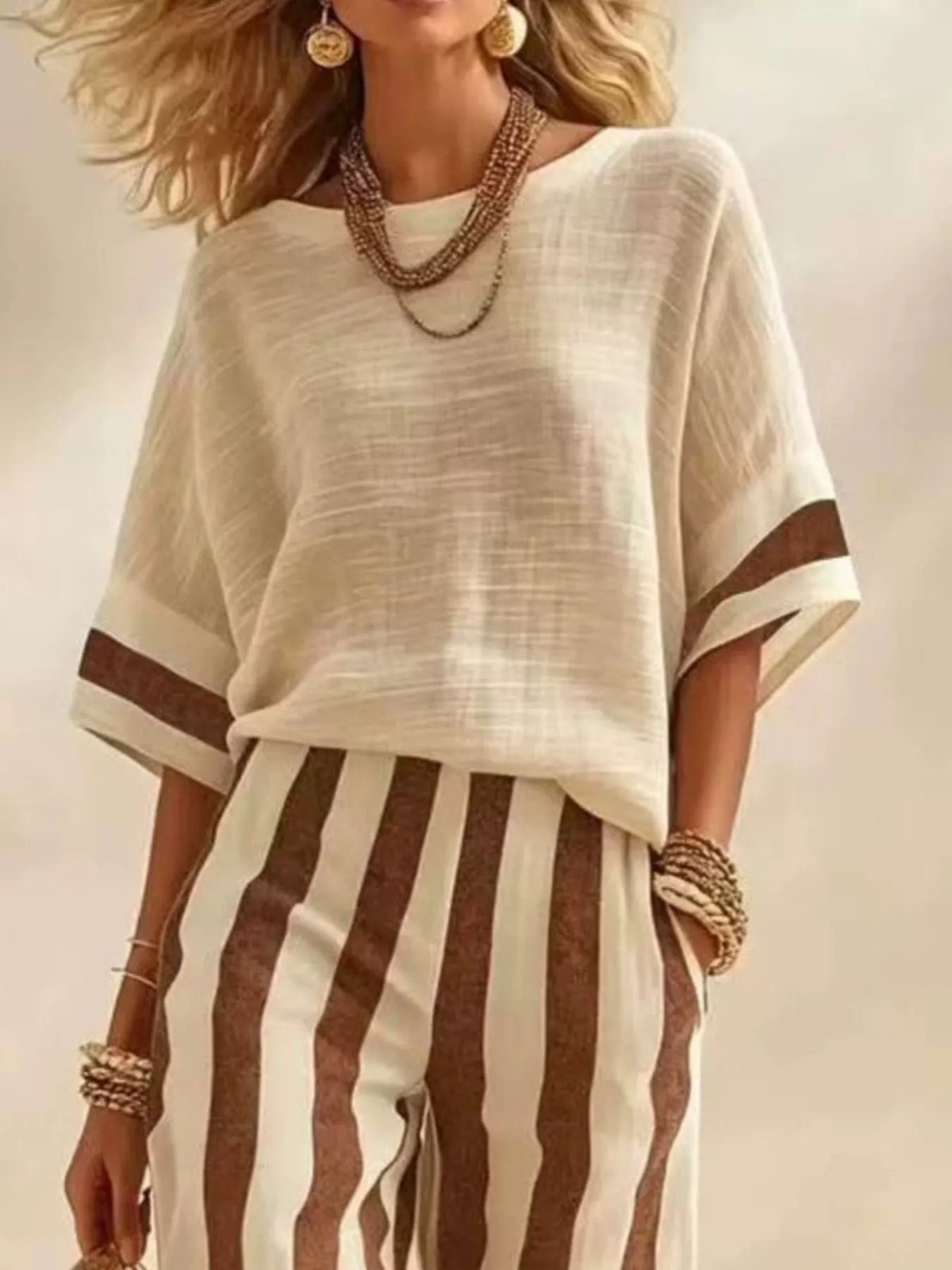Full Size Striped Half Sleeve Top and Pants Set Plus Size - Caramel - View 2