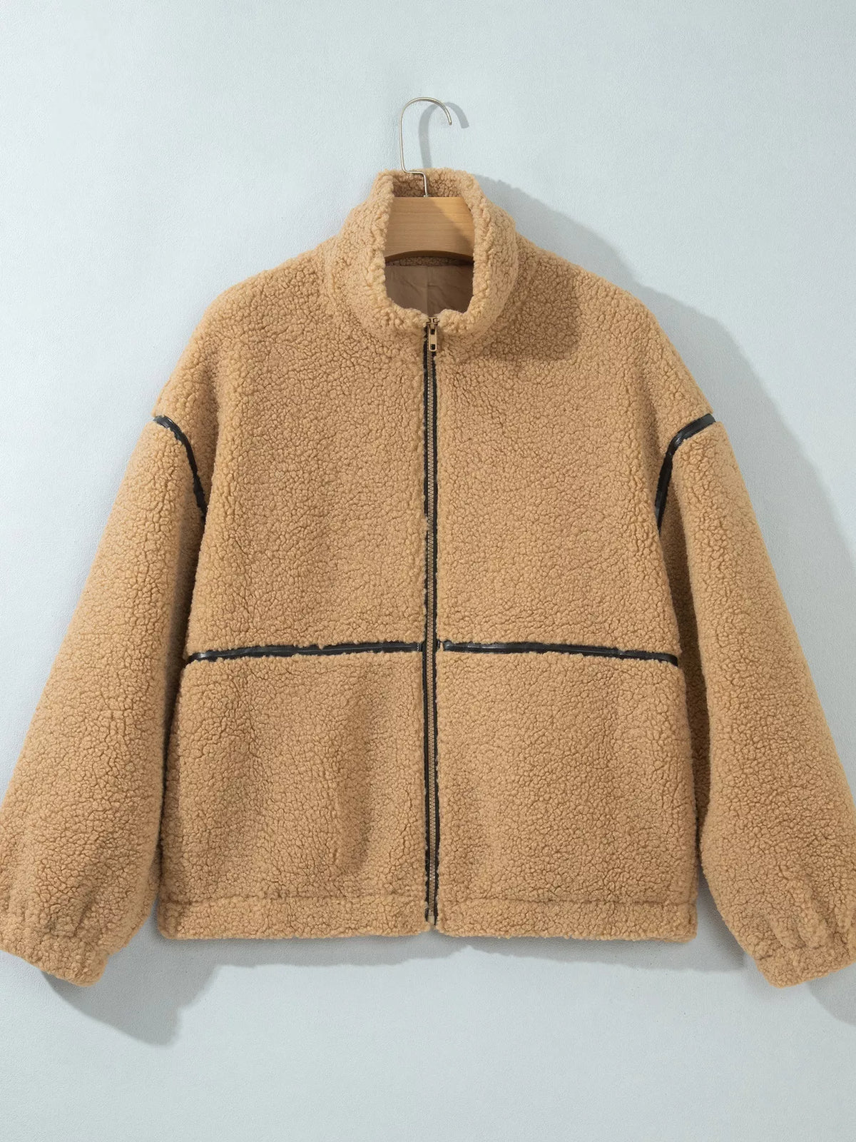 Drop Shoulder Collar Long Sleeve Fleece Regular Fit Jacket - Camel - View 2