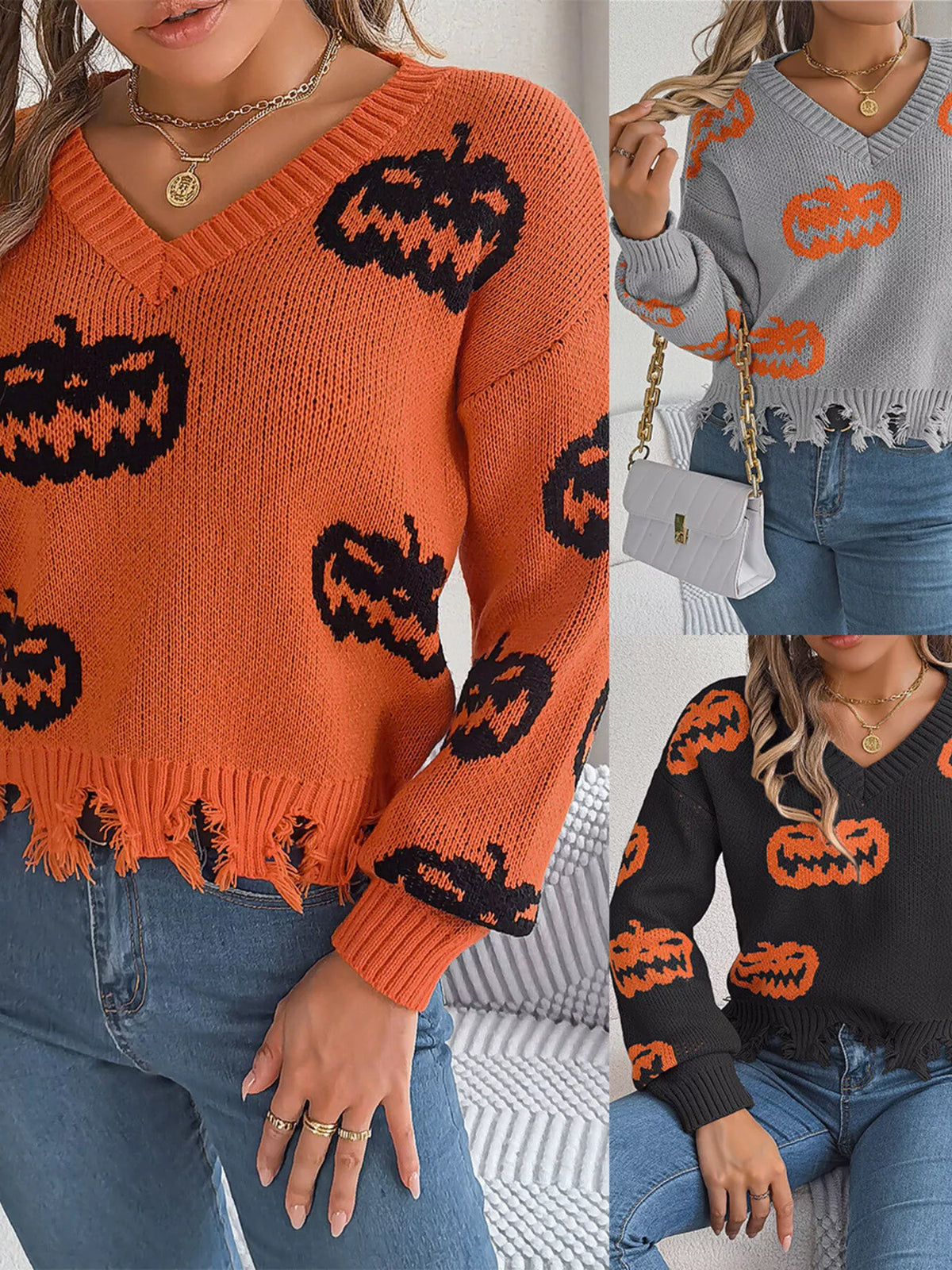 Pumpkin Distressed Hem Sweater - Orange - View 3