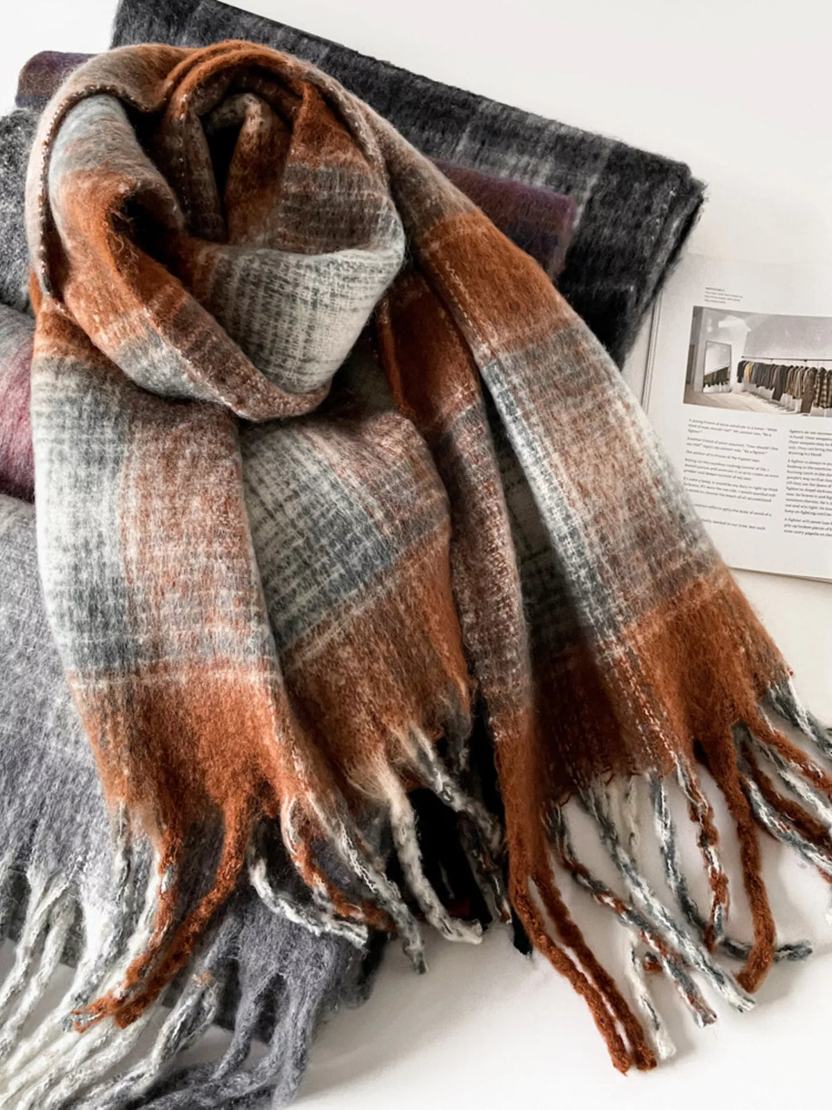 Plaid Fringe Scarf - Sherbet - View 6