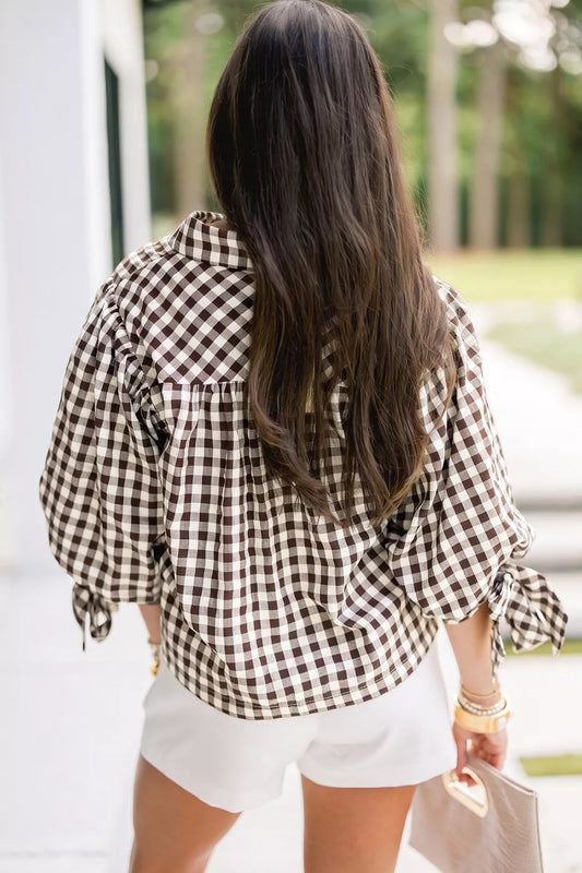 Gingham Scalloped Trim Tie Sleeve Shirt - Brown - View 2