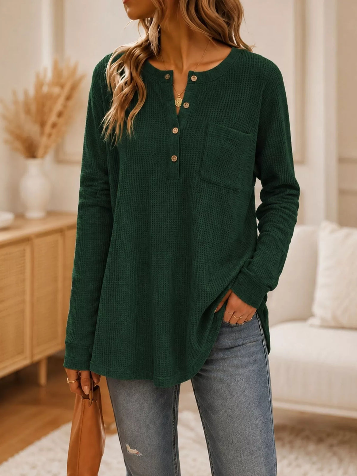 Waffle Knit Button Detail Top - Green - View 1