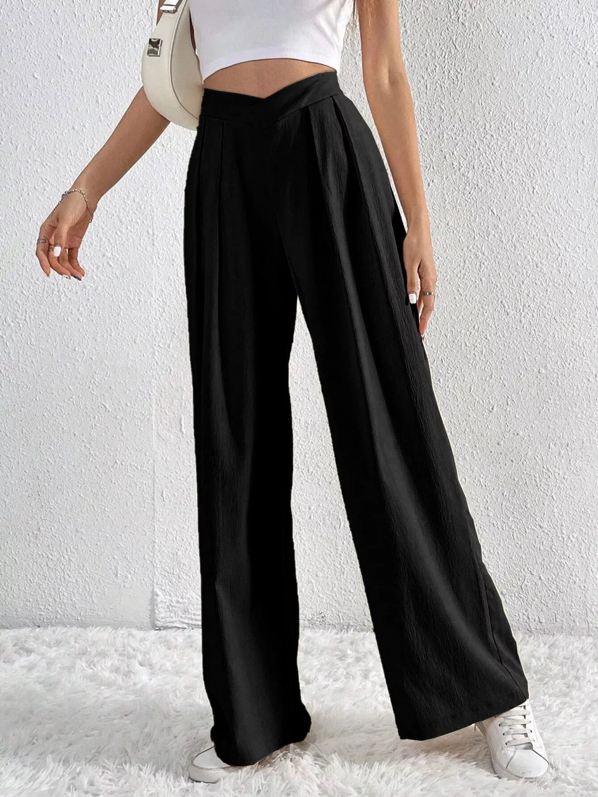 Pleated Wide Leg Pants - Black - View 3