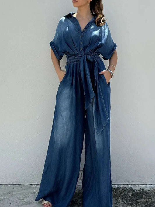 Button Front Wide Leg Denim Jumpsuit - product photo 1