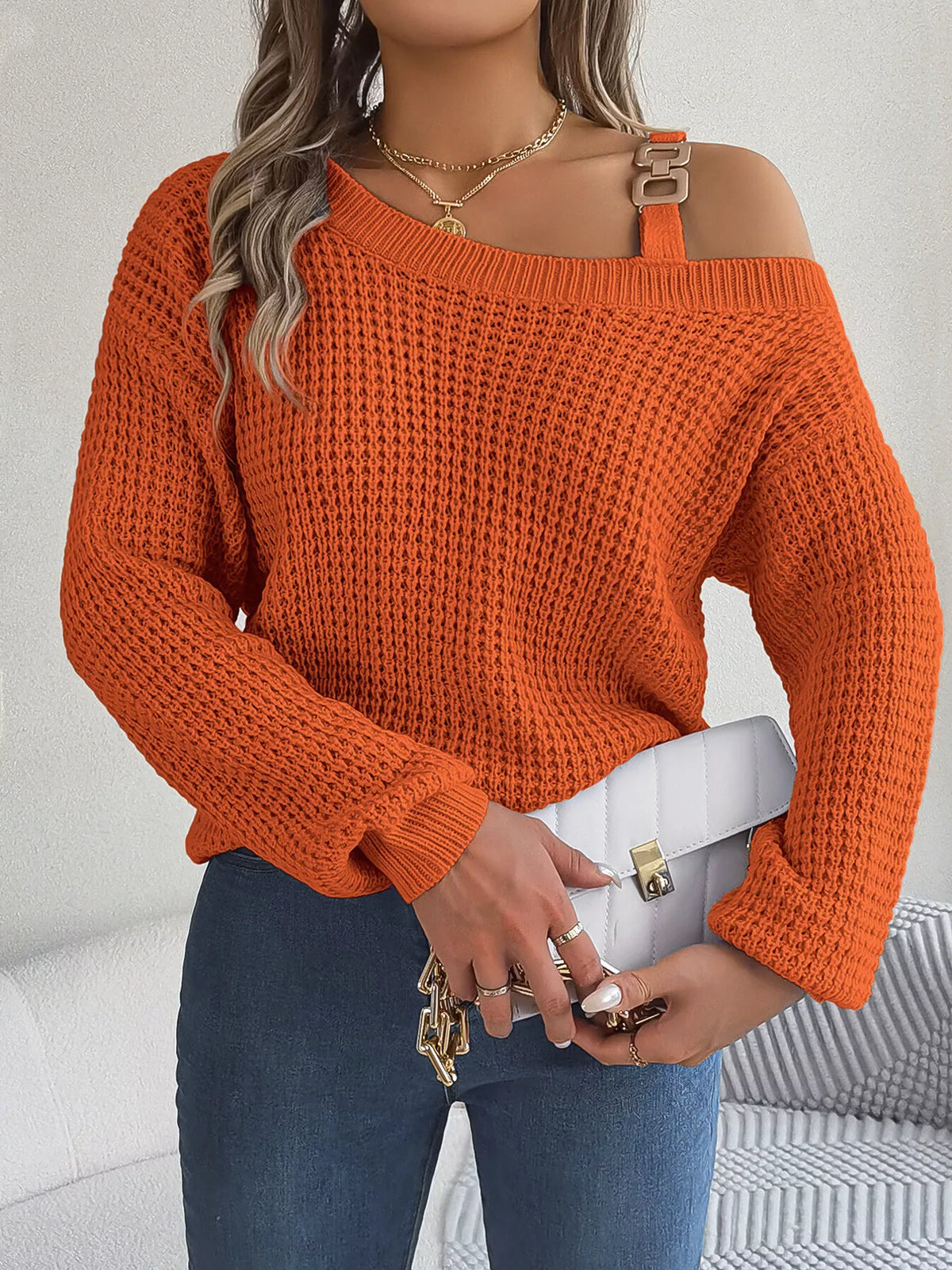 Asymmetrical Neck Long Sleeve Sweater - Orange - View 4