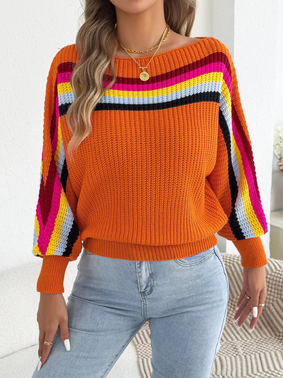 Striped Knit Boat Neck Sweater - Orange - View 3