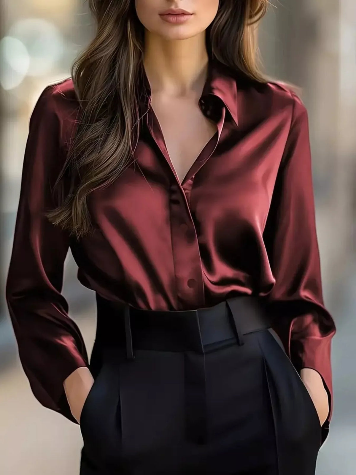 Button Down Collared Neck Long Sleeve Shirt - Burgundy - View 1