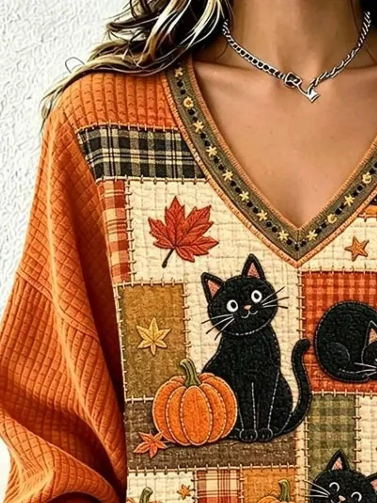 Full Size Cat and Pumpkin V-Neck Sweater Plus Size - Orange - View 2