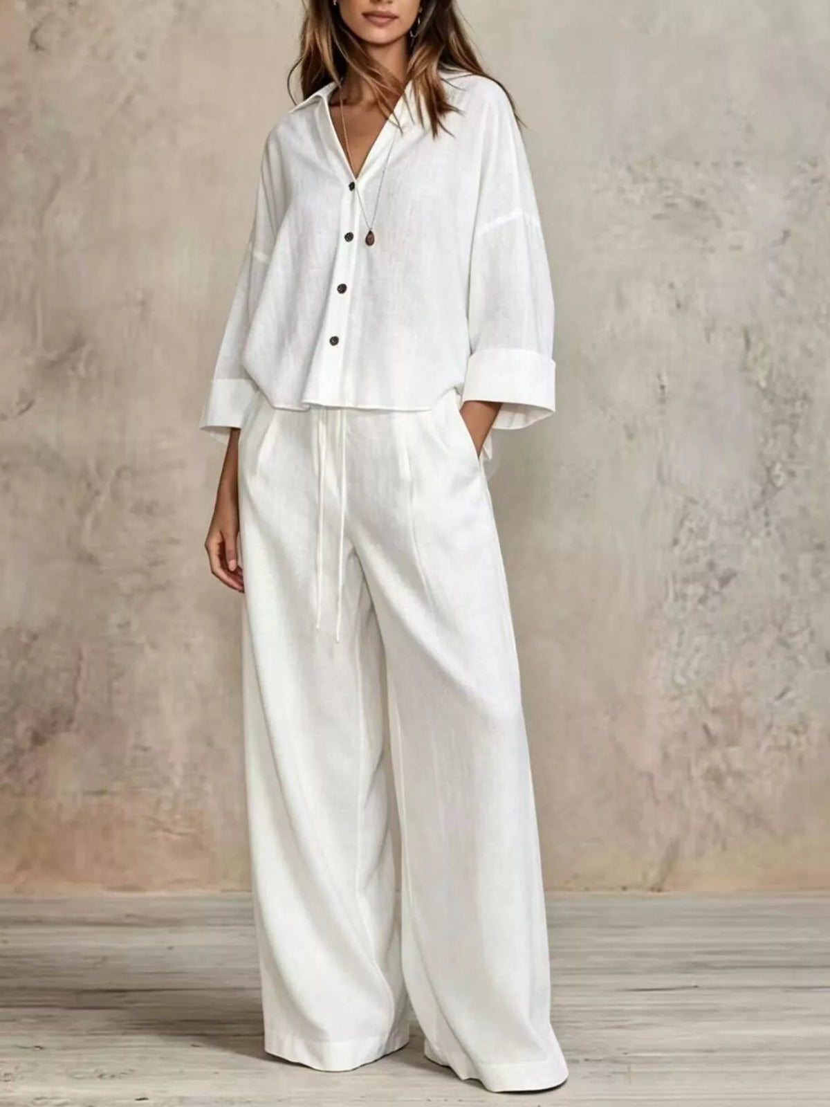 Full Size Button-Down Shirt and Wide-Leg Pants Set Plus Size - White - View 19