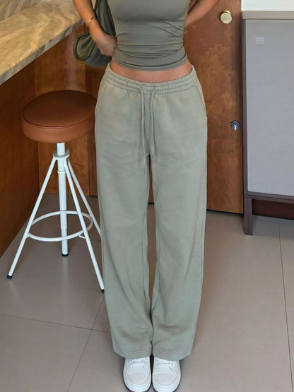 High-Waisted Wide-Leg Sweatpants - Grayish Green - View 4