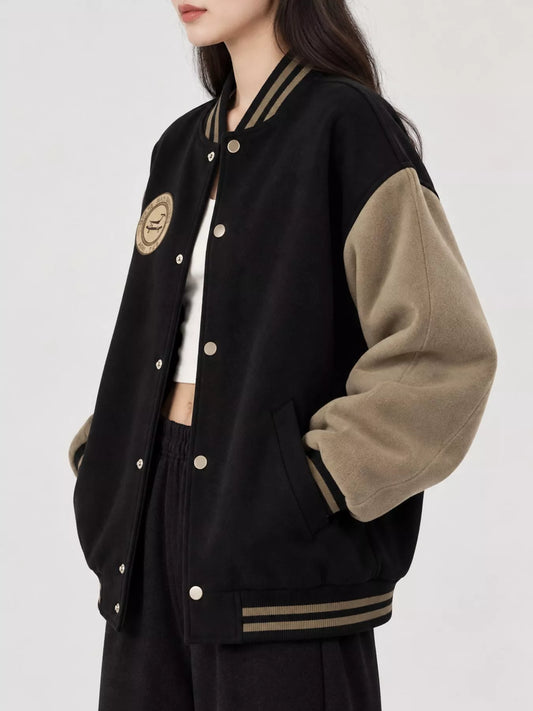 Vintage Color-Block Varsity Bomber Jacket - Black - View 1