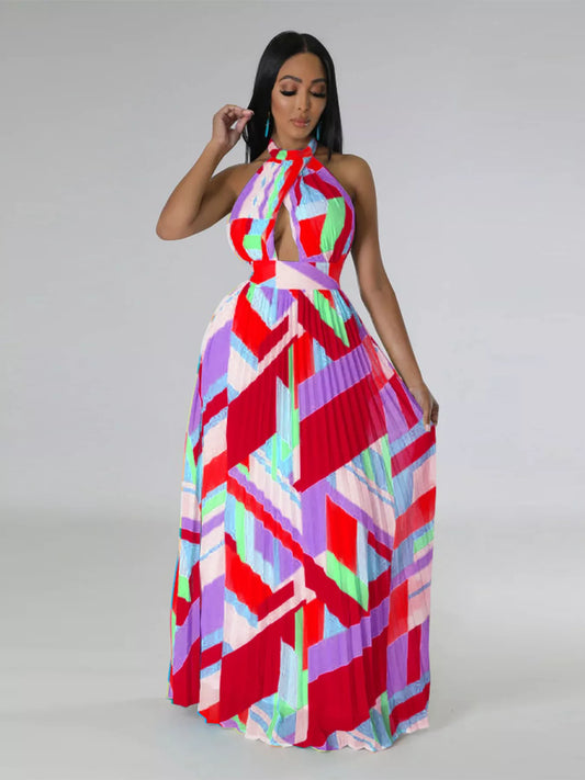 Halter Neck Geometric Print Pleated Maxi Dress - product photo 1
