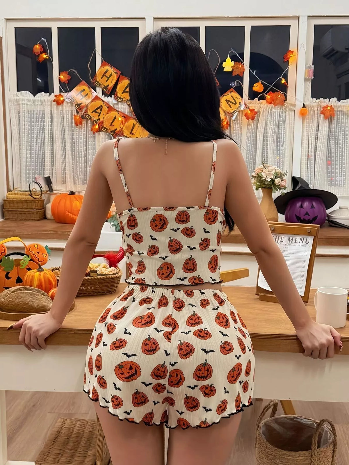 Halloween Pumpkin Print Cami and Shorts Lounge Set - Apricot - View 4