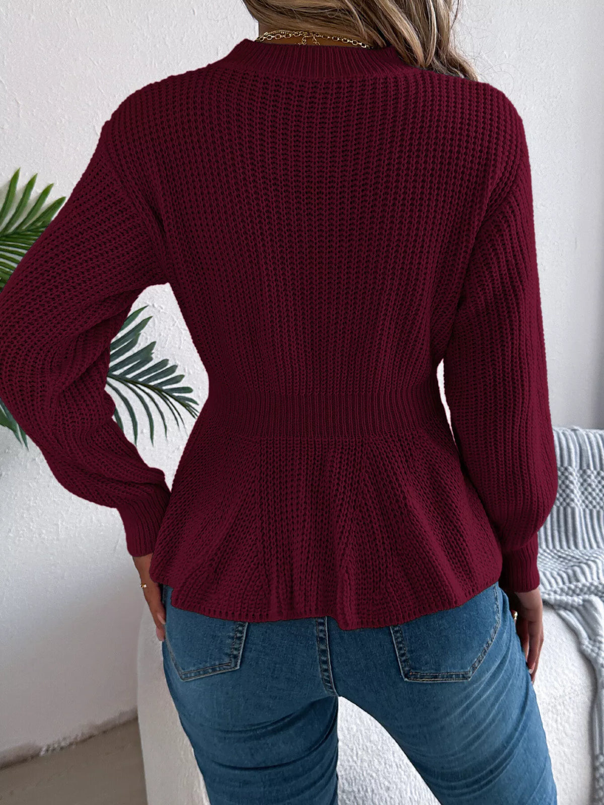 Cable Knit Peplum Sweater - Burgundy - View 7