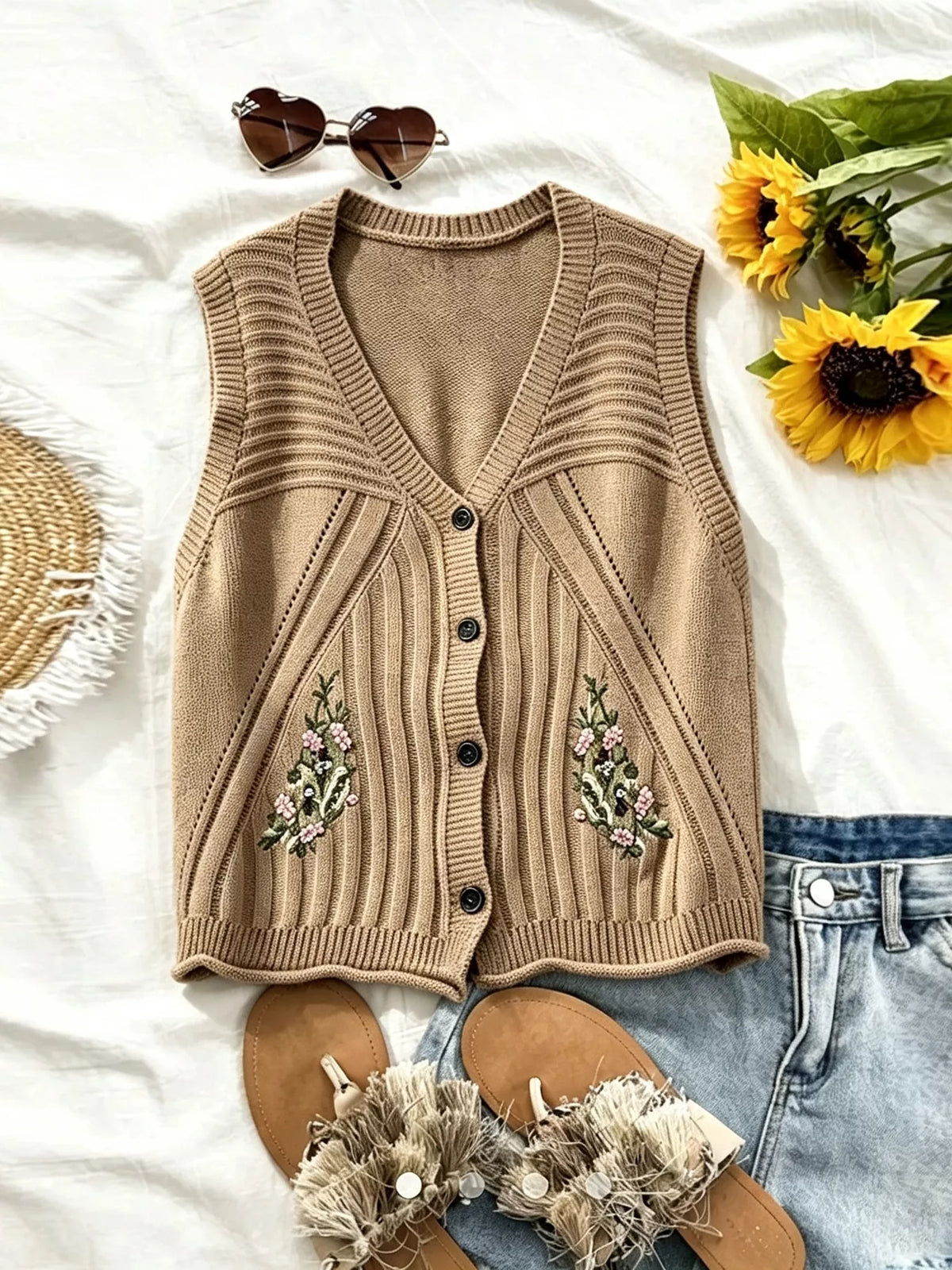 Floral Embroidered V-Neck Button-Down Sweater Vest - Tan - View 2