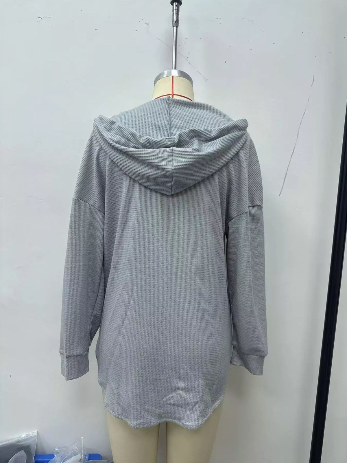 Drawstring Waffle Knit Hoodie - Gray - View 3