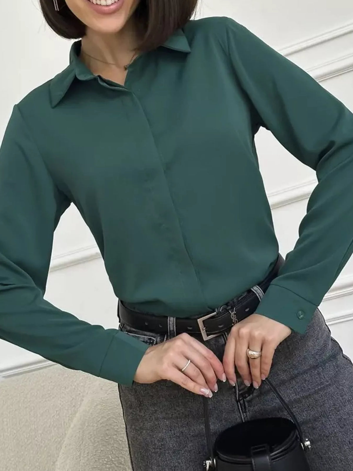 Button Up Long-Sleeve Shirt - Dark Green - View 98